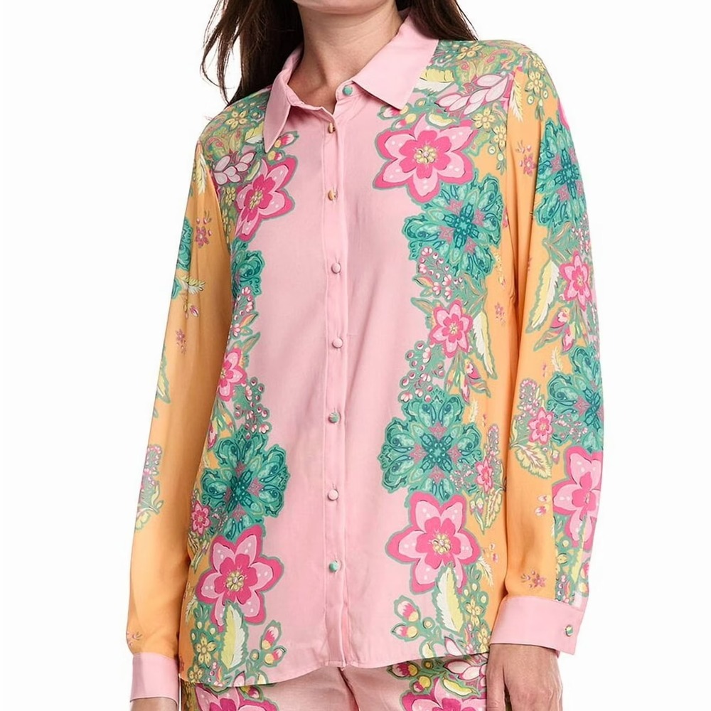 T Tahari Button Collared Long Sleeve Shirt Pink Floral Eternity Garden Womens S